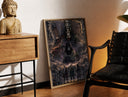 Brass-framed Three legendary ninja anime characters print leaning in a warm styled corner by a sculpture