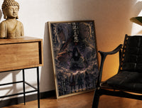 Brass-framed Three legendary ninja anime characters print leaning in a warm styled corner by a sculpture