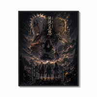 Framed Three legendary ninja anime characters print shown as a bold statement piece on a clean gallery wall