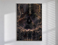 Three legendary ninja anime characters poster in a slim frame on a bright wall with soft window light
