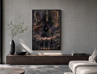 Three legendary ninja anime characters poster framed above a wood console in a concrete-wall living room