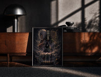 Black-framed Three legendary ninja anime characters print on a moody console with designer coffee-table books