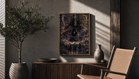Three legendary ninja anime characters poster framed above a fluted sideboard beside an olive tree