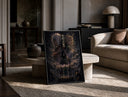 Three legendary ninja anime characters print in a black frame leaning on a travertine table in a sunlit lounge