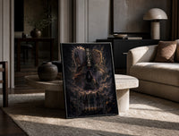 Three legendary ninja anime characters print in a black frame leaning on a travertine table in a sunlit lounge