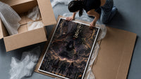 Three legendary ninja anime characters framed print being unpacked from protective bubble wrap and a box