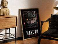 Brass-framed Naruto Uzumaki close-up face print leaning in a warm styled corner by a sculpture