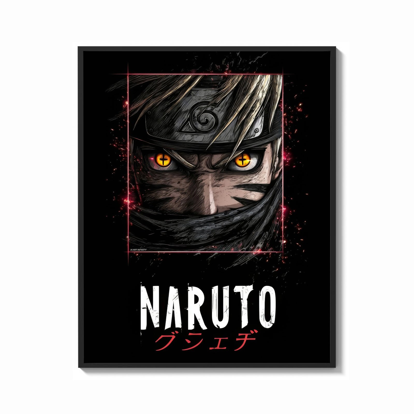 Framed Naruto Uzumaki close-up face print shown as a bold statement piece on a clean gallery wall