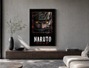 Naruto Uzumaki close-up face poster framed above a wood console in a concrete-wall living room