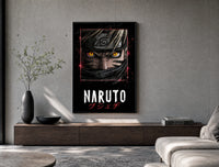 Naruto Uzumaki close-up face poster framed above a wood console in a concrete-wall living room
