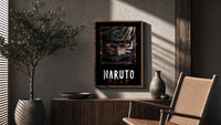 Naruto Uzumaki close-up face poster framed above a fluted sideboard beside an olive tree
