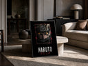 Naruto Uzumaki close-up face print in a black frame leaning on a travertine table in a sunlit lounge