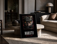 Naruto Uzumaki close-up face print in a black frame leaning on a travertine table in a sunlit lounge