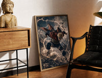 Brass-framed Blonde spiky-haired ninja lunging forward print leaning in a warm styled corner by a sculpture