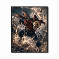 Framed Blonde spiky-haired ninja lunging forward print shown as a bold statement piece on a clean gallery wall
