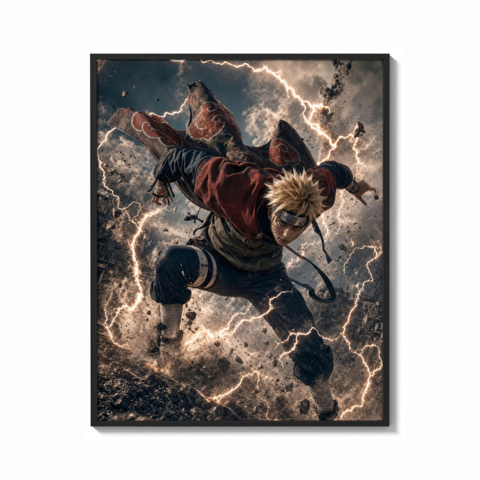 Framed Blonde spiky-haired ninja lunging forward print shown as a bold statement piece on a clean gallery wall
