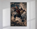 Blonde spiky-haired ninja lunging forward poster in a slim frame on a bright wall with soft window light