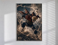 Blonde spiky-haired ninja lunging forward poster in a slim frame on a bright wall with soft window light