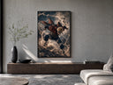 Blonde spiky-haired ninja lunging forward poster framed above a wood console in a concrete-wall living room