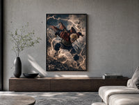 Blonde spiky-haired ninja lunging forward poster framed above a wood console in a concrete-wall living room