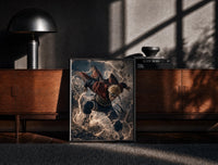 Black-framed Blonde spiky-haired ninja lunging forward print on a moody console with designer coffee-table books