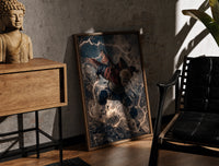 Walnut-framed Blonde spiky-haired ninja lunging forward print leaning against a sunlit rustic brick wall
