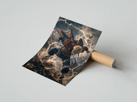 Rolled Blonde spiky-haired ninja lunging forward poster beside its crush-resistant kraft shipping tube