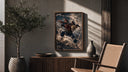 Blonde spiky-haired ninja lunging forward poster framed above a fluted sideboard beside an olive tree