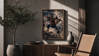 Blonde spiky-haired ninja lunging forward poster framed above a fluted sideboard beside an olive tree