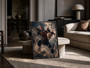 Blonde spiky-haired ninja lunging forward print in a black frame leaning on a travertine table in a sunlit lounge