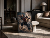 Blonde spiky-haired ninja lunging forward print in a black frame leaning on a travertine table in a sunlit lounge