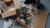 Blonde spiky-haired ninja lunging forward framed print being unpacked from protective bubble wrap and a box