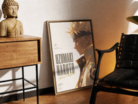 Brass-framed Naruto Uzumaki side profile portrait print leaning in a warm styled corner by a sculpture
