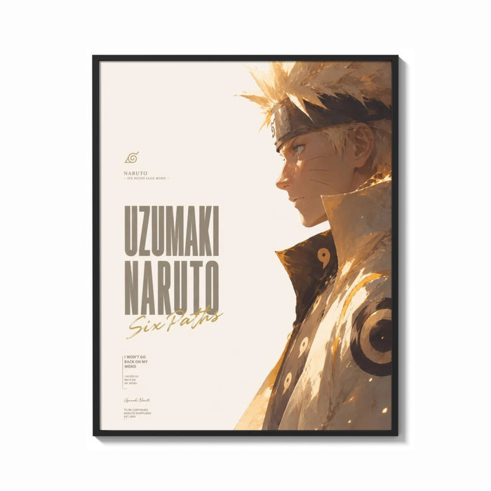 Framed Naruto Uzumaki side profile portrait print shown as a bold statement piece on a clean gallery wall