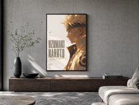 Naruto Uzumaki side profile portrait poster framed above a wood console in a concrete-wall living room