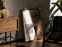 Walnut-framed Naruto Uzumaki side profile portrait print leaning against a sunlit rustic brick wall