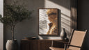 Naruto Uzumaki side profile portrait poster framed above a fluted sideboard beside an olive tree