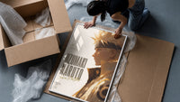 Naruto Uzumaki side profile portrait framed print being unpacked from protective bubble wrap and a box