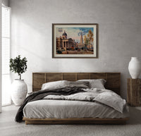 London National Gallery vintage cityscape print in a dark wood frame above a rattan bed on a plaster wall