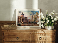 London National Gallery vintage cityscape print in an oak frame on a farmhouse dresser beside white tulips