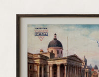 Close-up of the London National Gallery vintage cityscape print's dark wood frame corner and archival matte paper