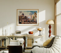 London National Gallery vintage cityscape print in an oak frame above a mid-century book console with a vintage radio