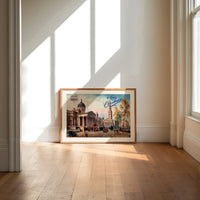 London National Gallery vintage cityscape print in an oak frame on a sunlit wood floor beneath tall window light