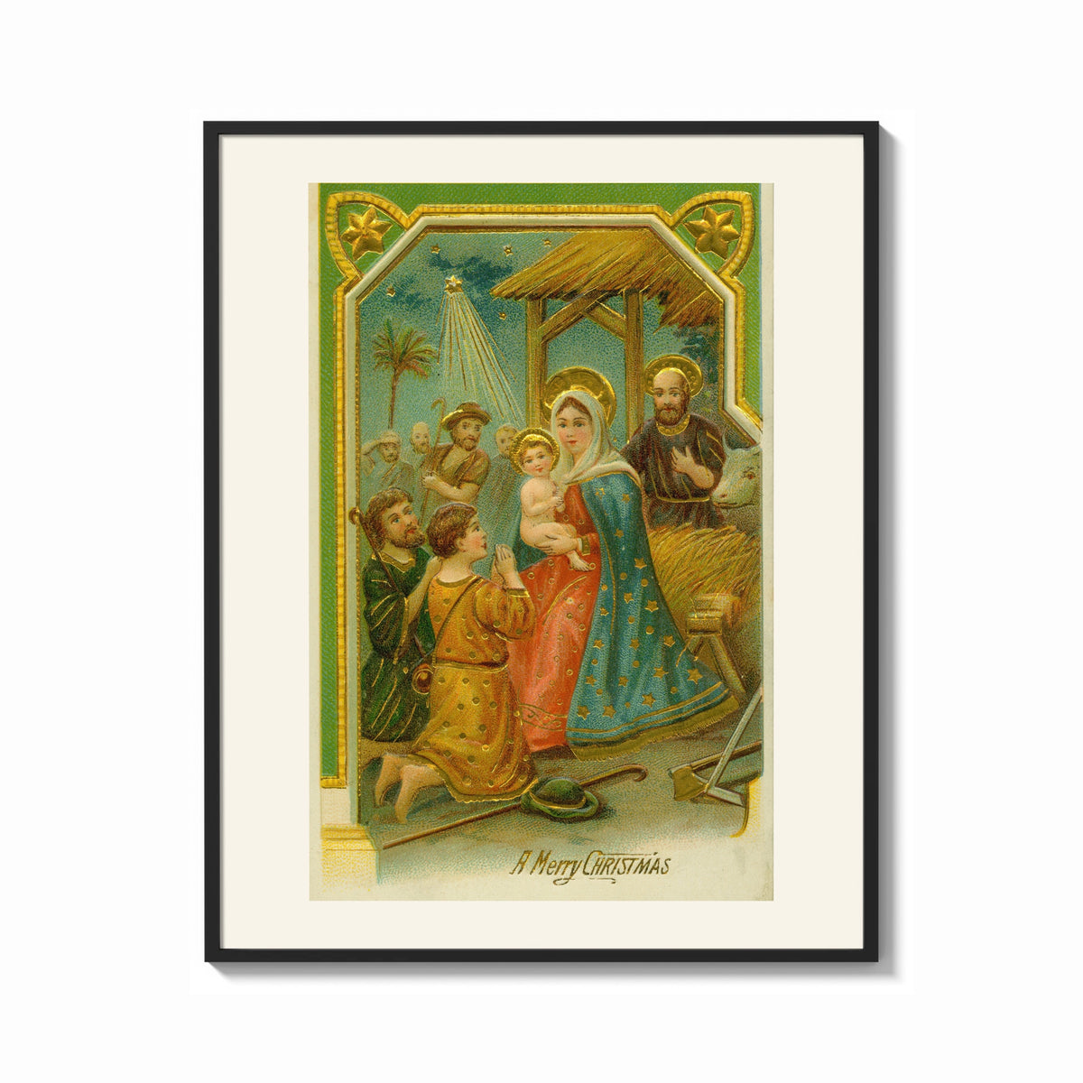 Framed Nativity A Merry Christmas print shown as a bold statement piece on a clean gallery wall