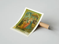 Gently curled Nativity A Merry Christmas print beside its protective shipping tube