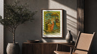 Nativity A Merry Christmas poster framed above a fluted sideboard beside a potted tree