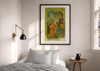 Nativity A Merry Christmas print in a black frame above a bed with striped linens, a brass wall lamp and a sunlit window