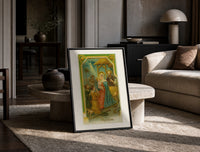 Nativity A Merry Christmas print on the floor, leaning against a travertine table