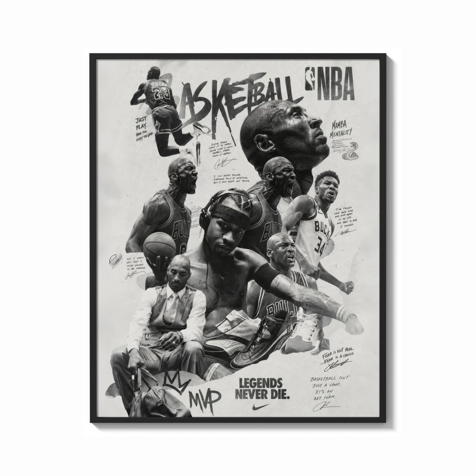 Framed NBA basketball legends collage print shown as a bold statement piece on a clean gallery wall