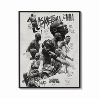 Framed NBA basketball legends collage print shown as a bold statement piece on a clean gallery wall